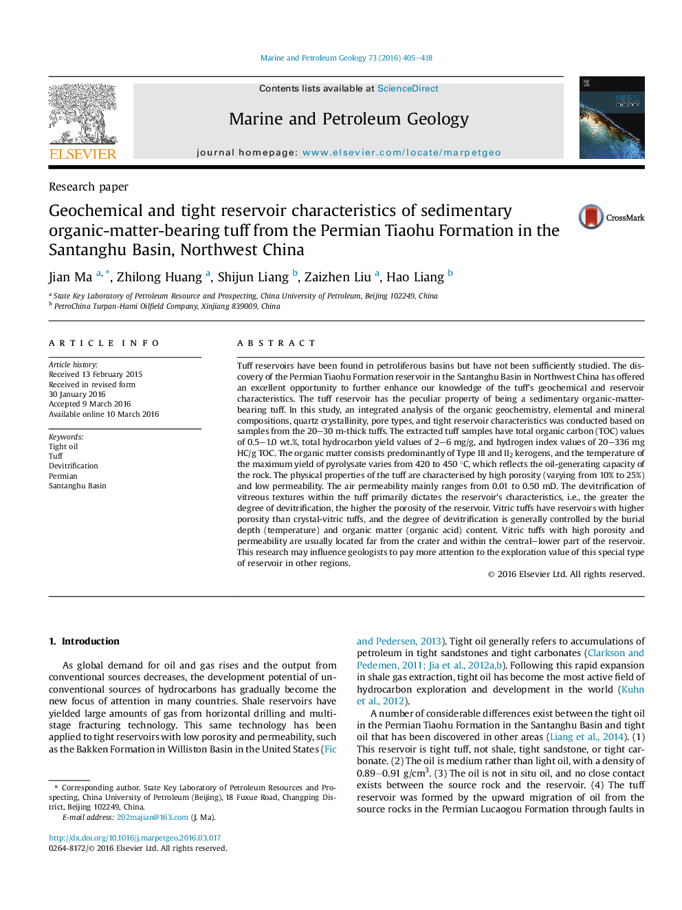 Research paperGeochemical and tight reservoir characteristics of sedimentary organic-matter-bearing tuff from the Permian Tiaohu Formation in the Santanghu Basin, Northwest China