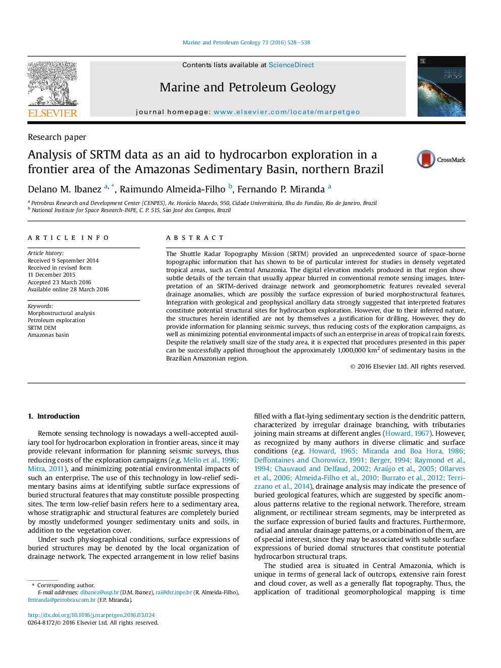 Research paperAnalysis of SRTM data as an aid to hydrocarbon exploration in a frontier area of the Amazonas Sedimentary Basin, northern Brazil