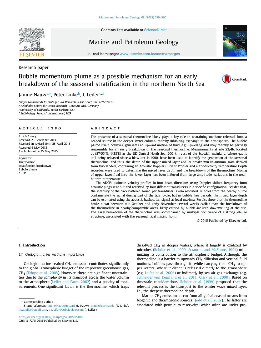 Research paperBubble momentum plume as a possible mechanism for an early breakdown of the seasonal stratification in the northern North Sea