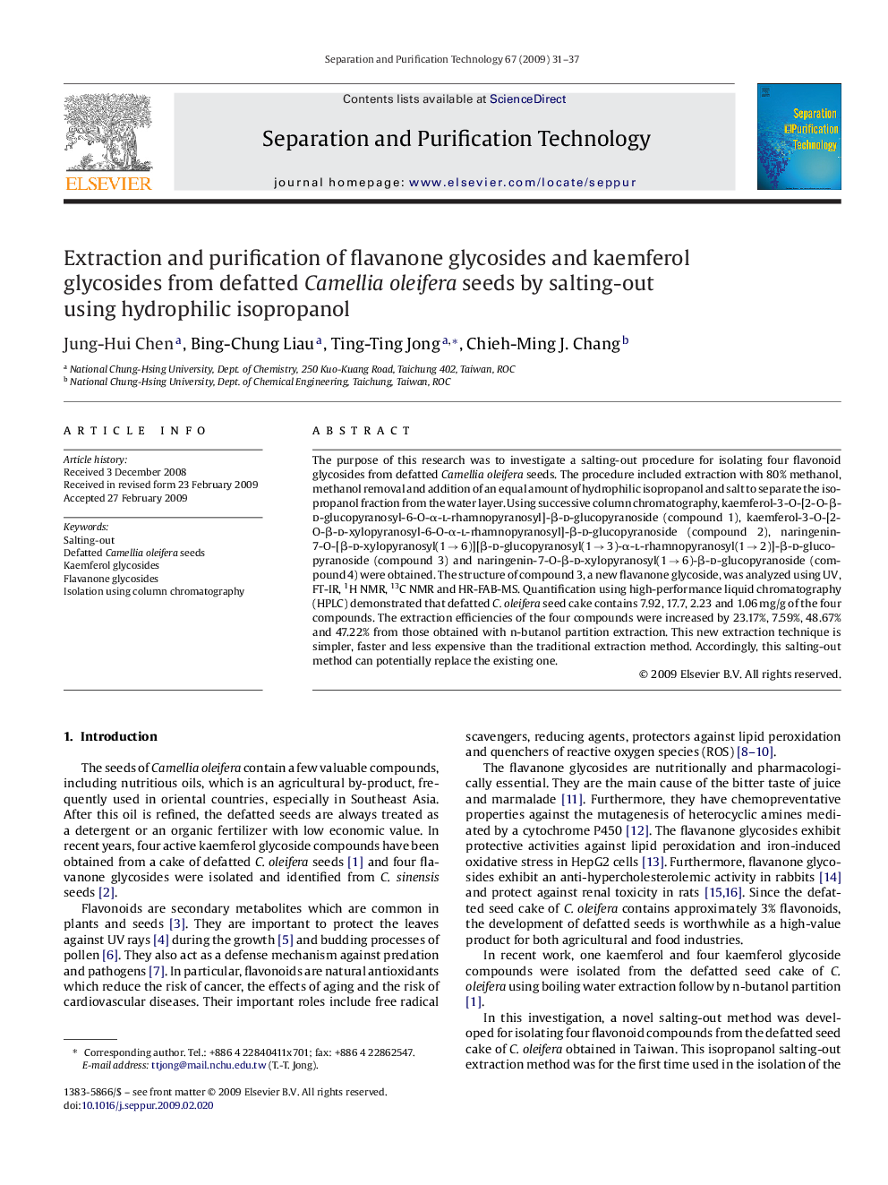 Extraction and purification of flavanone glycosides and kaemferol glycosides from defatted Camellia oleifera seeds by salting-out using hydrophilic isopropanol