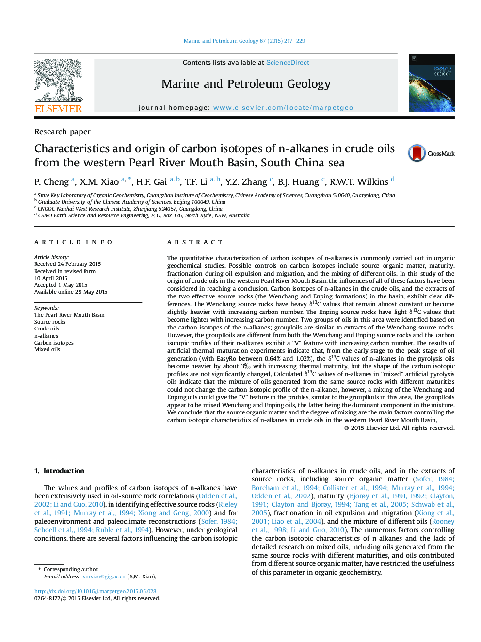 Research paperCharacteristics and origin of carbon isotopes of n-alkanes in crude oils from the western Pearl River Mouth Basin, South China sea