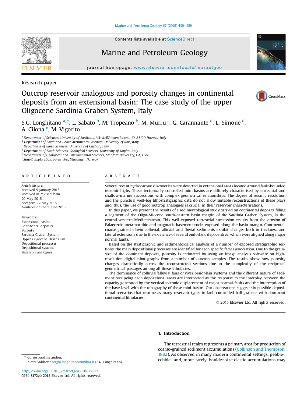 Research paperOutcrop reservoir analogous and porosity changes in continental deposits from an extensional basin: The case study of the upper Oligocene Sardinia Graben System, Italy