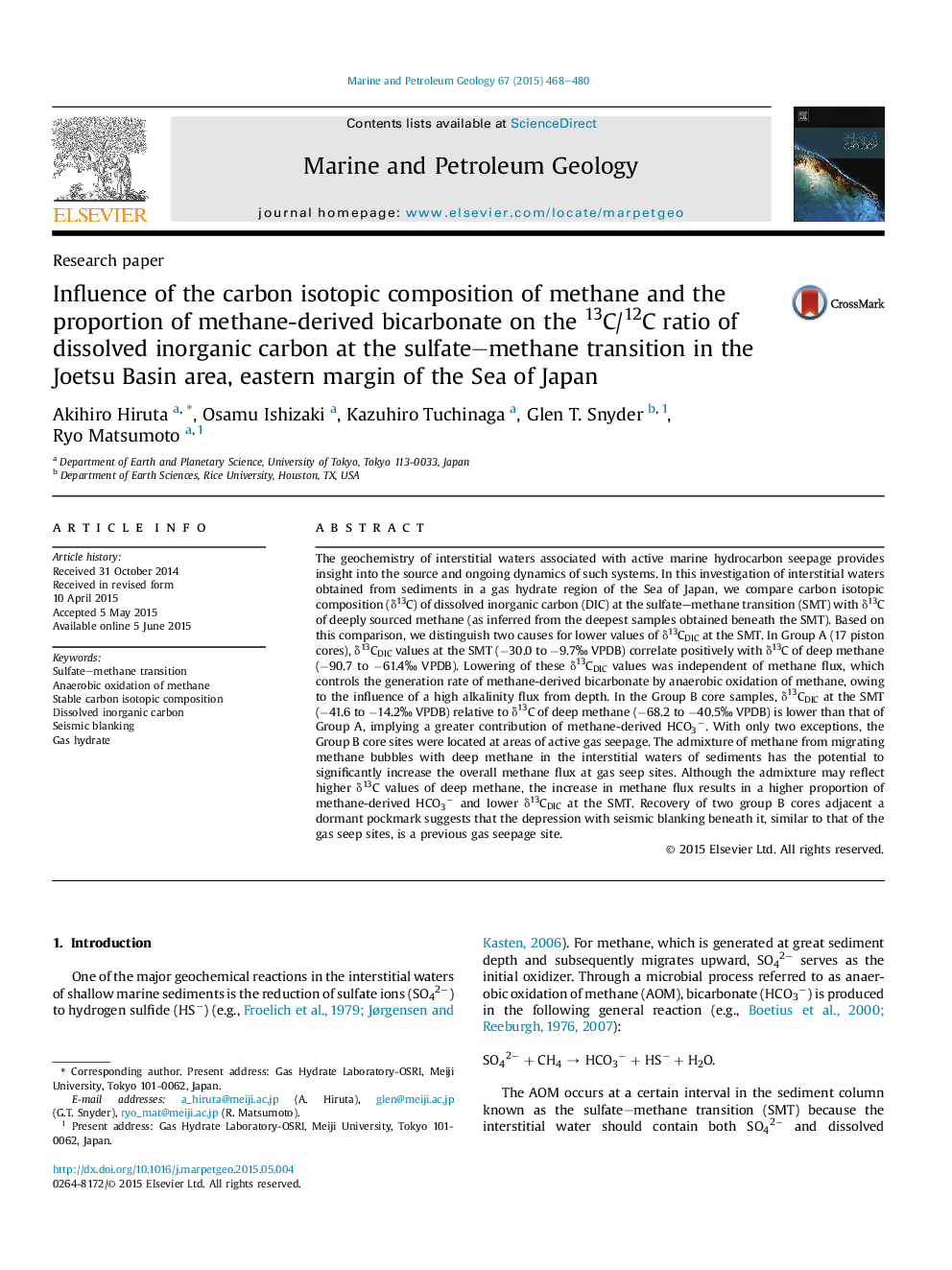 Research paperInfluence of the carbon isotopic composition of methane and the proportion of methane-derived bicarbonate on the 13C/12C ratio of dissolved inorganic carbon at the sulfate-methane transition in the Joetsu Basin area, eastern margin of the 