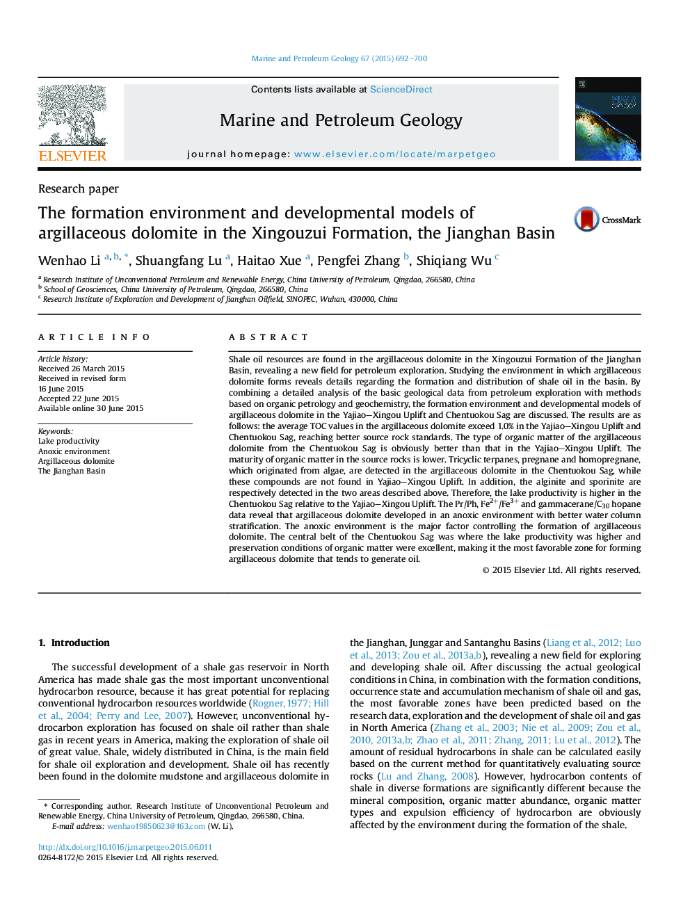 Research paperThe formation environment and developmental models of argillaceous dolomite in the Xingouzui Formation, the Jianghan Basin