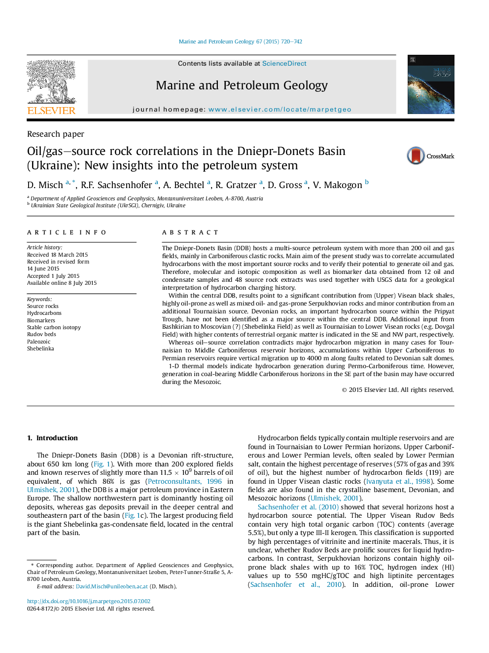 Research paperOil/gas-source rock correlations in the Dniepr-Donets Basin (Ukraine): New insights into the petroleum system