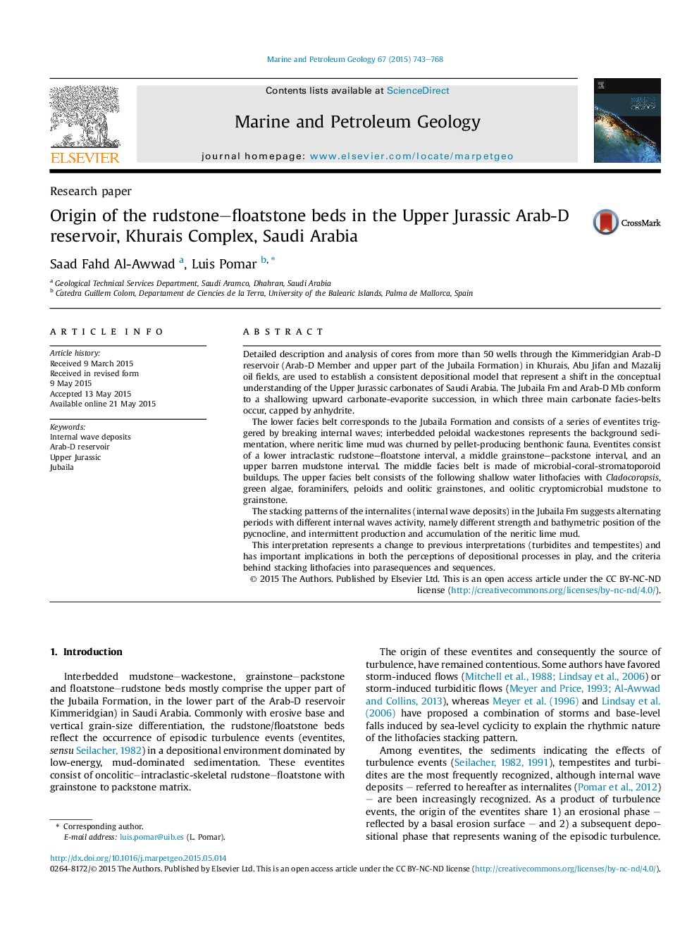 Research paperOrigin of the rudstone-floatstone beds in the Upper Jurassic Arab-D reservoir, Khurais Complex, Saudi Arabia