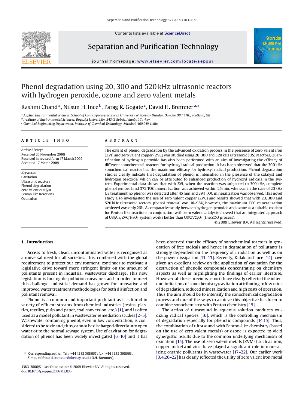 Phenol degradation using 20, 300 and 520 kHz ultrasonic reactors with hydrogen peroxide, ozone and zero valent metals