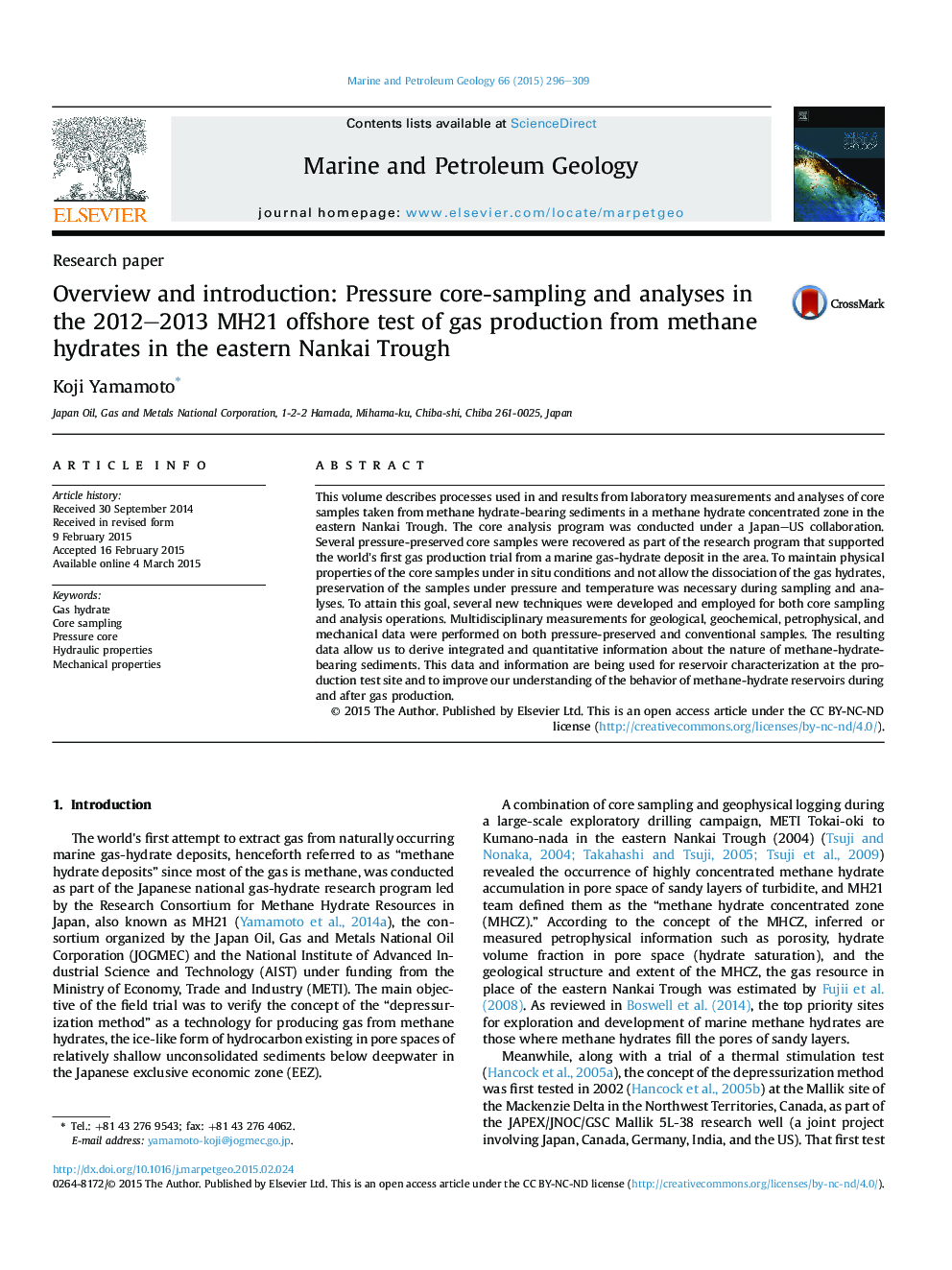 Research paperOverview and introduction: Pressure core-sampling and analyses in the 2012-2013 MH21 offshore test of gas production from methane hydrates in the eastern Nankai Trough