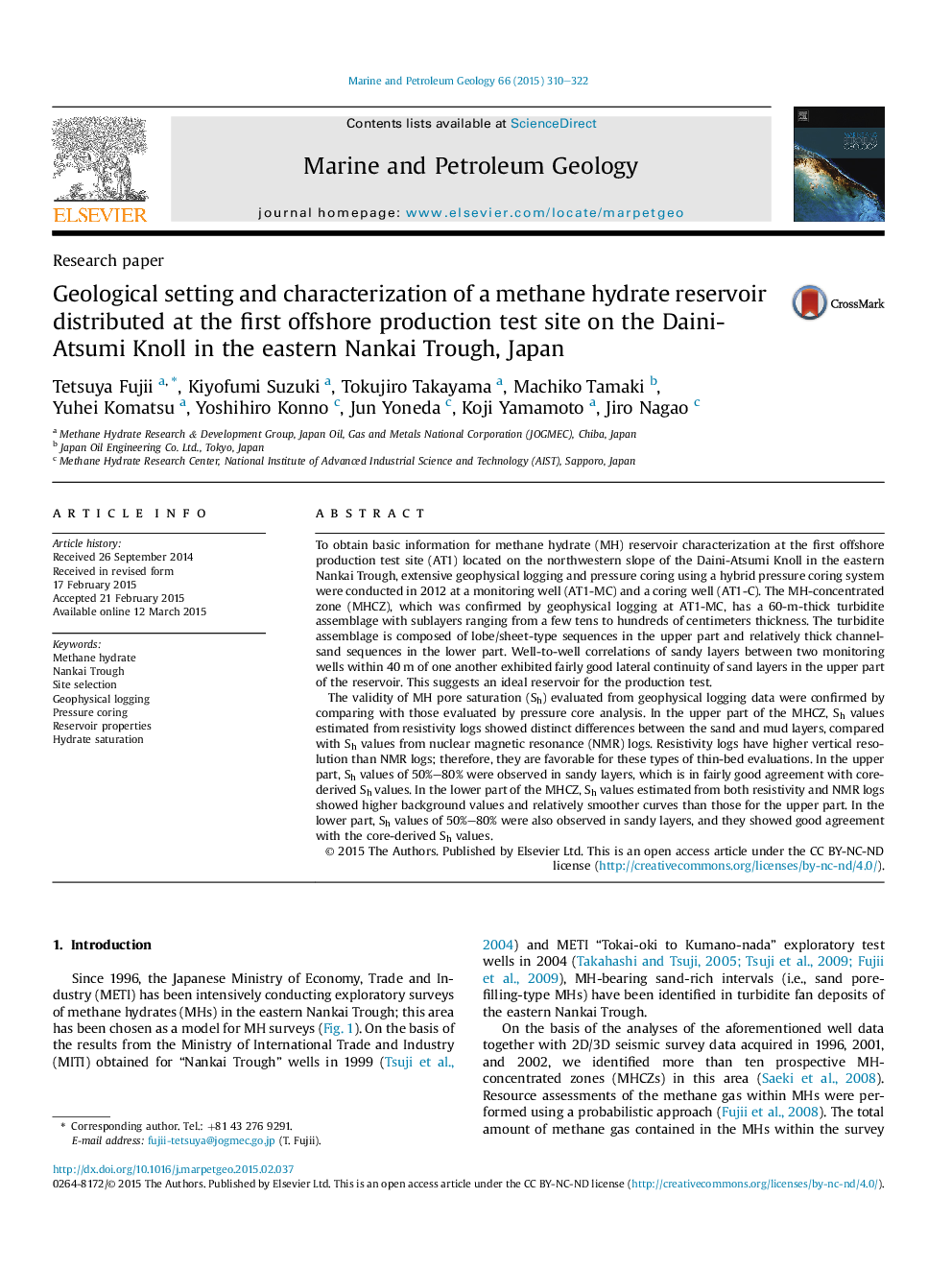 Research paperGeological setting and characterization of a methane hydrate reservoir distributed at the first offshore production test site on the Daini-Atsumi Knoll in the eastern Nankai Trough, Japan