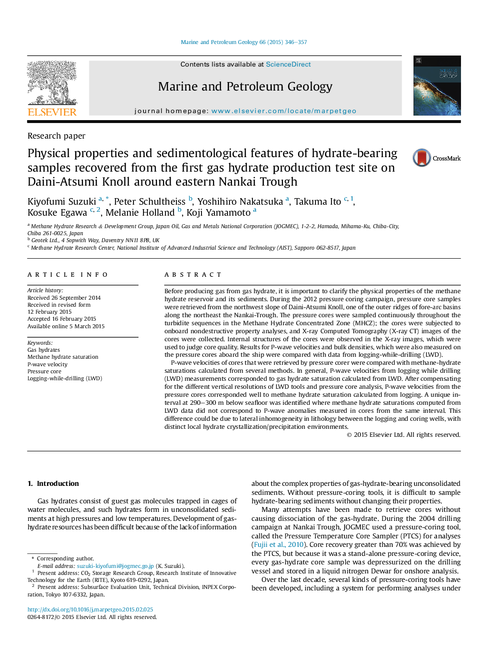 Research paperPhysical properties and sedimentological features of hydrate-bearing samples recovered from the first gas hydrate production test site on Daini-Atsumi Knoll around eastern Nankai Trough