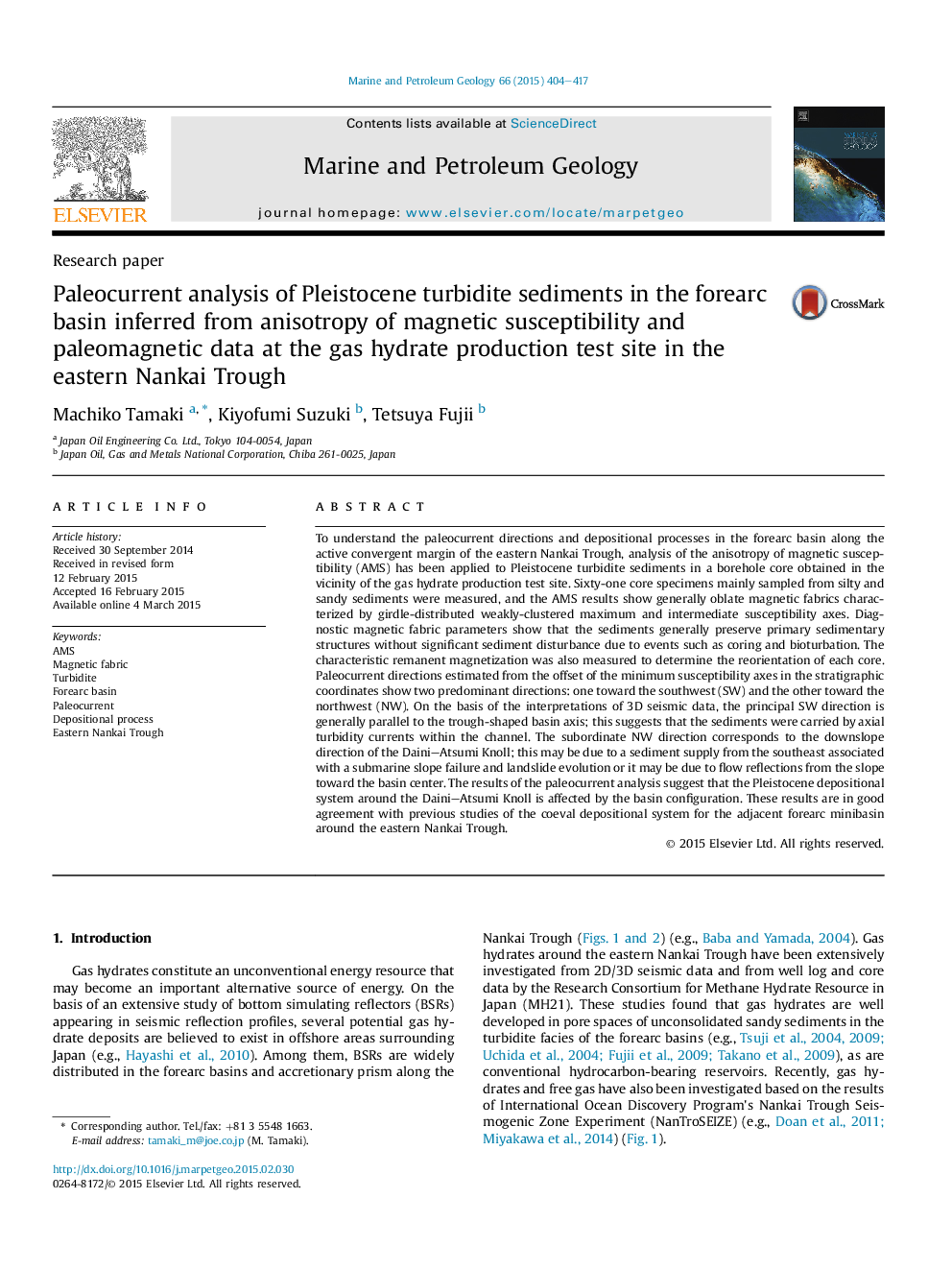 Research paperPaleocurrent analysis of Pleistocene turbidite sediments in the forearc basin inferred from anisotropy of magnetic susceptibility and paleomagnetic data at the gas hydrate production test site in the eastern Nankai Trough