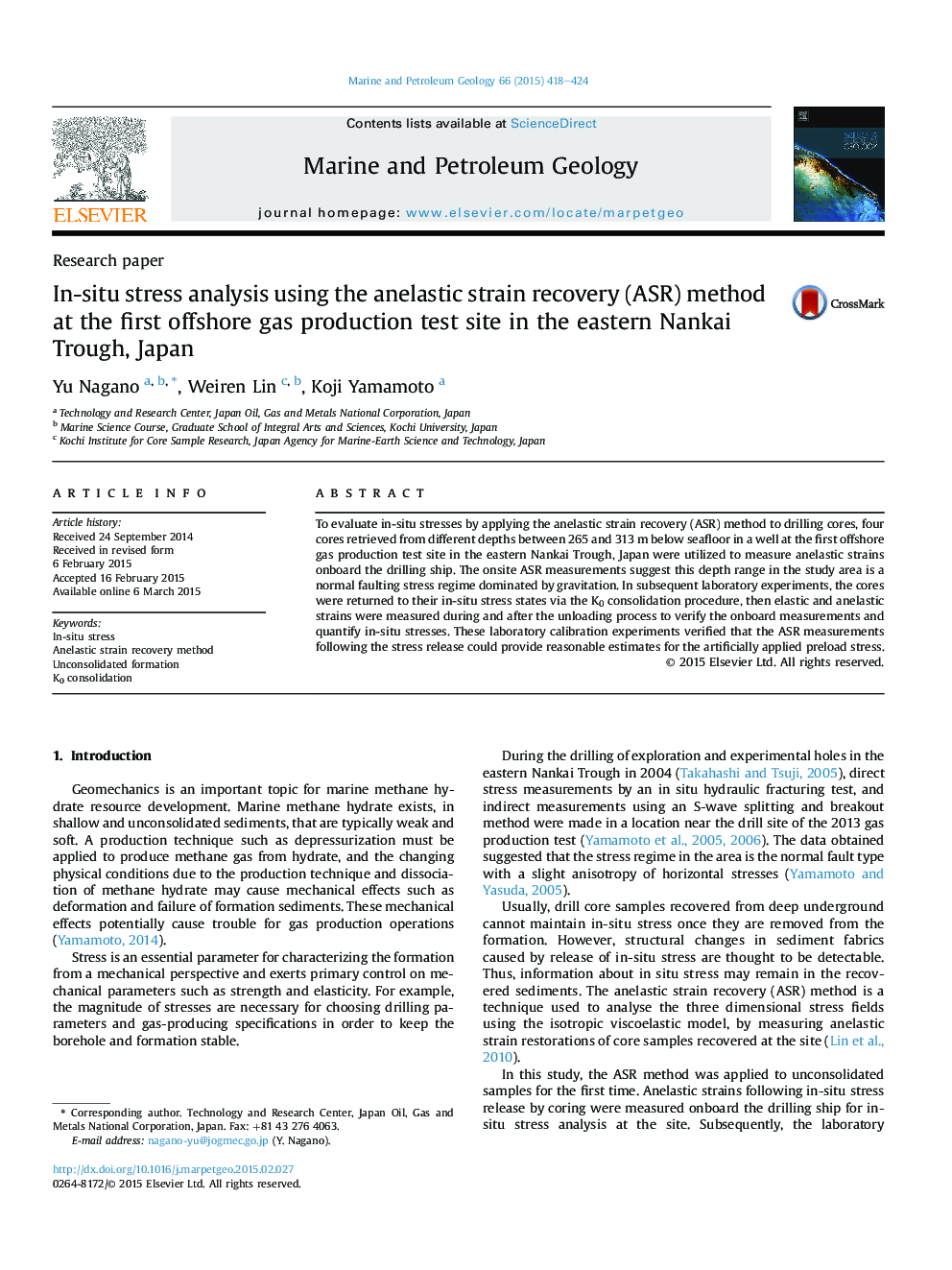 Research paperIn-situ stress analysis using the anelastic strain recovery (ASR) method at the first offshore gas production test site in the eastern Nankai Trough, Japan