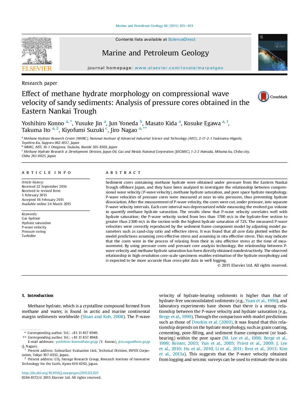 اثر مورفولوژی هیدرات متان در سرعت موج فشاری در رسوبات ماسه ای: تجزیه و تحلیل هسته های فشار یافته در شرق نانکی 
