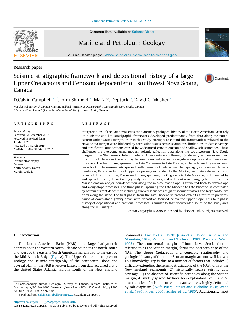 چارچوب چینه نگاری لرزه نگاری و تاریخ رسوب دهانه کرتاسه بالا و سنوزوئیک بالا در جنوب غربی نوا اسکوشیا، کانادا 