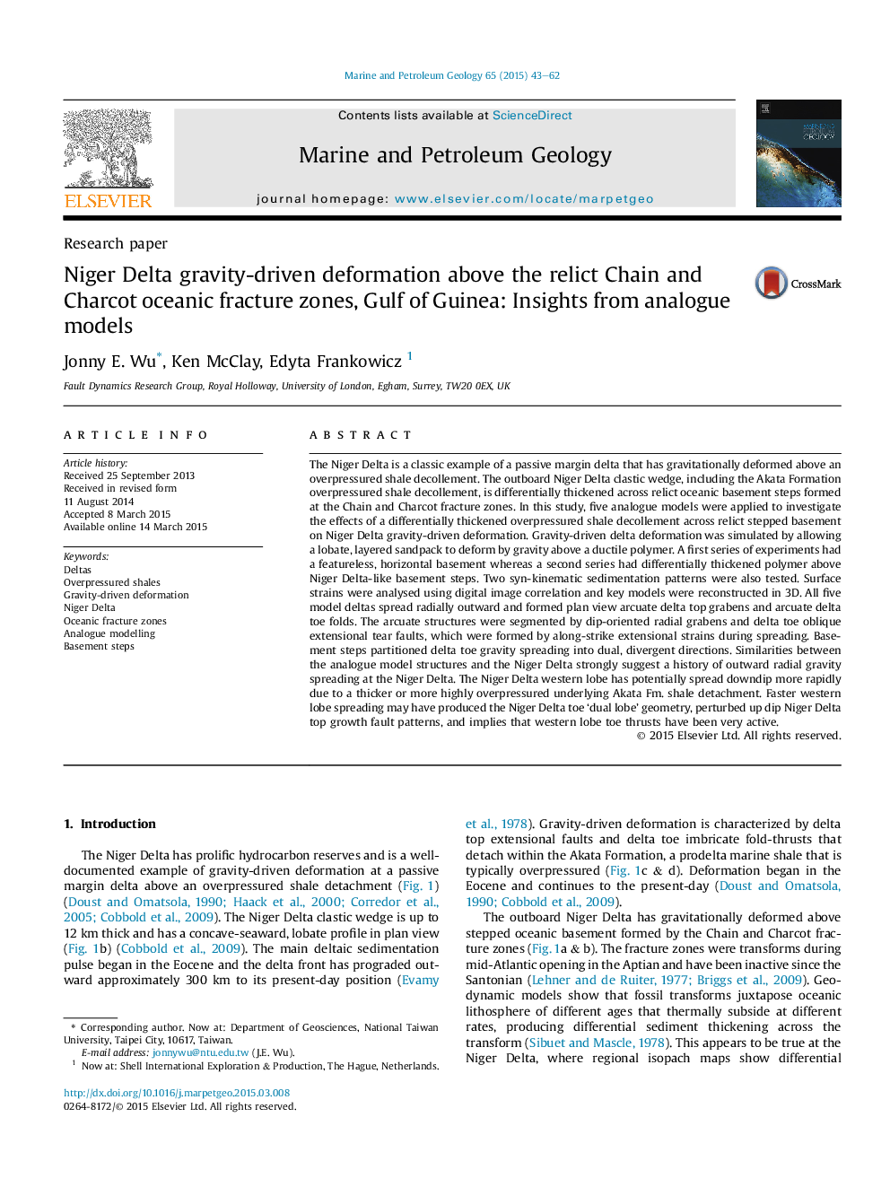 Research paperNiger Delta gravity-driven deformation above the relict Chain and Charcot oceanic fracture zones, Gulf of Guinea: Insights from analogue models