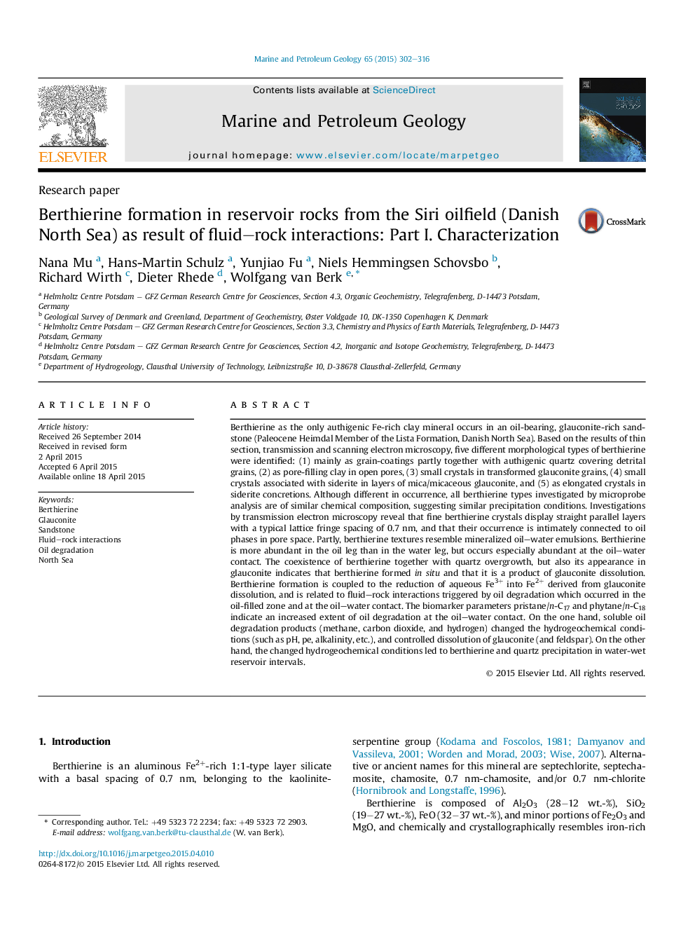 Research paperBerthierine formation in reservoir rocks from the Siri oilfield (Danish North Sea) as result of fluid-rock interactions: Part I. Characterization