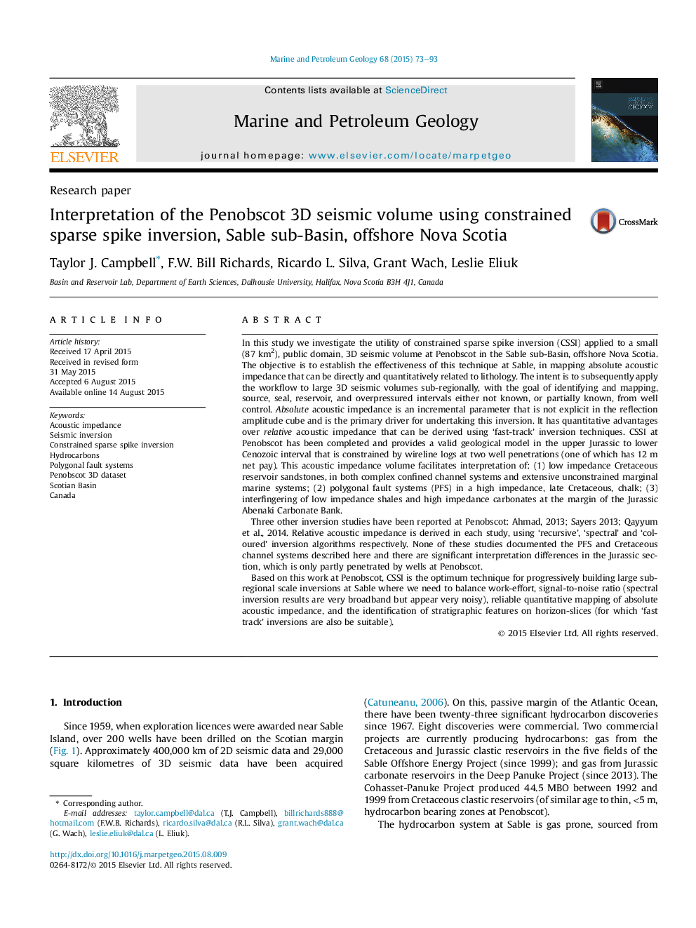 Research paperInterpretation of the Penobscot 3D seismic volume using constrained sparse spike inversion, Sable sub-Basin, offshore Nova Scotia