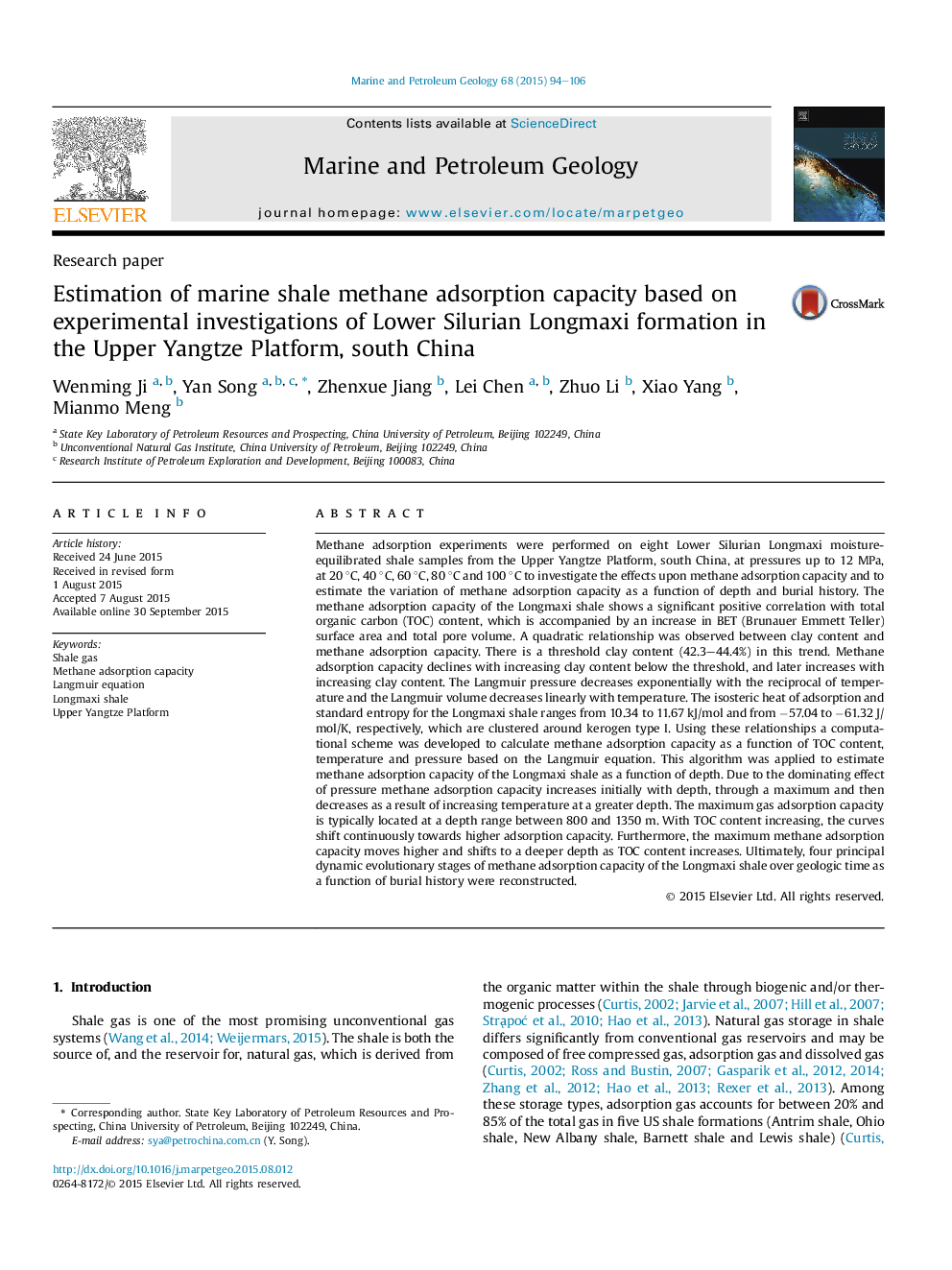 Research paperEstimation of marine shale methane adsorption capacity based on experimental investigations of Lower Silurian Longmaxi formation in the Upper Yangtze Platform, south China