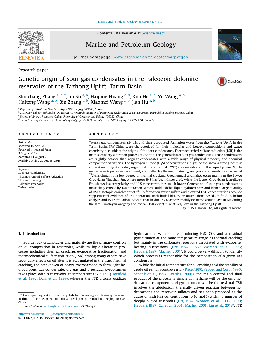 Genetic origin of sour gas condensates in the Paleozoic dolomite reservoirs of the Tazhong Uplift, Tarim Basin