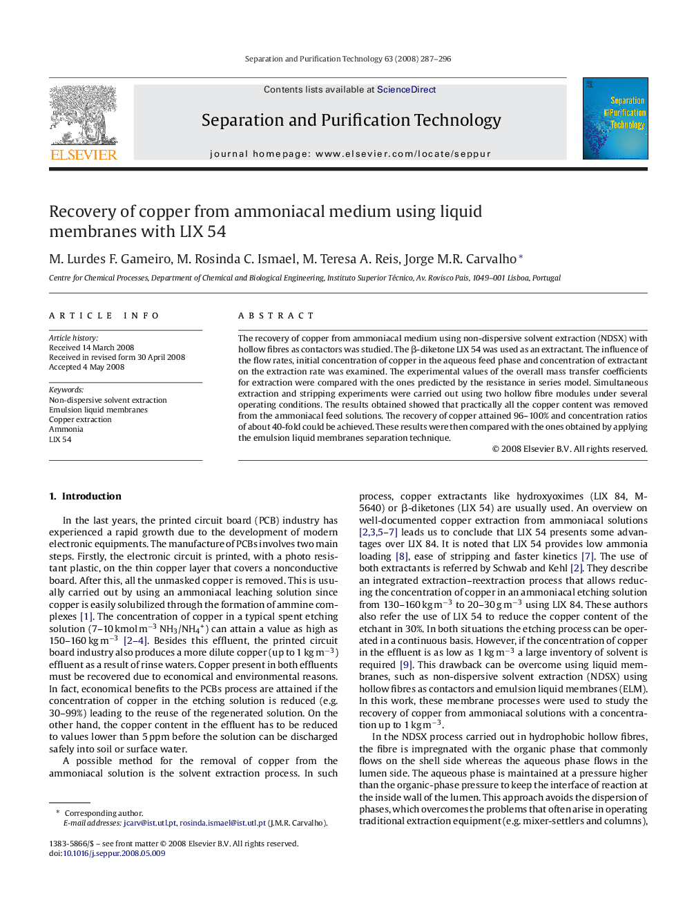 Recovery of copper from ammoniacal medium using liquid membranes with LIX 54