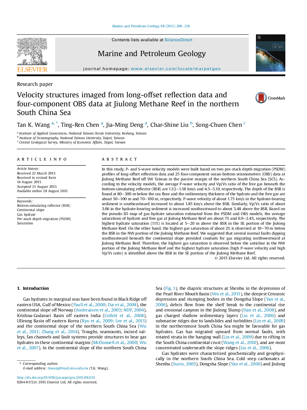 Research paperVelocity structures imaged from long-offset reflection data and four-component OBS data at Jiulong Methane Reef in the northern South China Sea