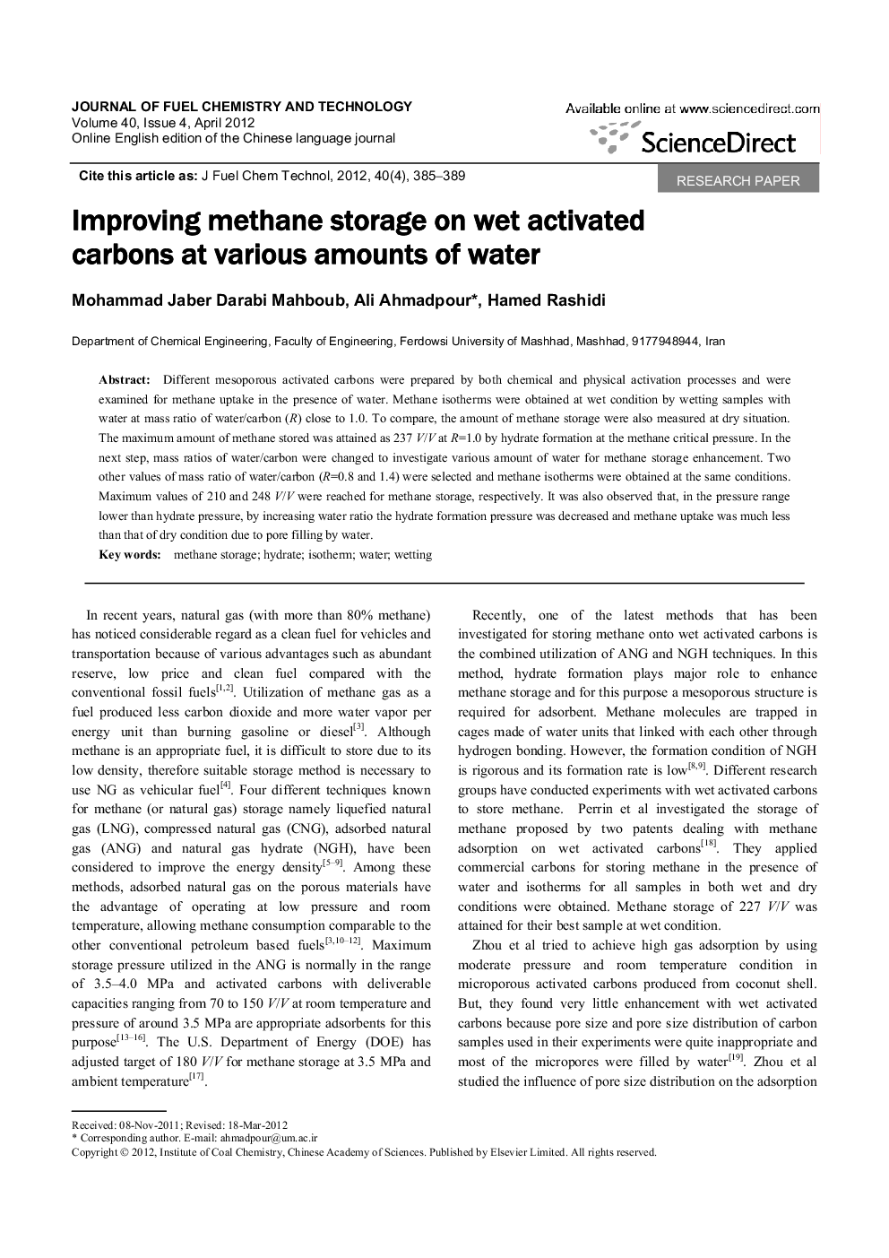 Improving methane storage on wet activated carbons at various amounts of water