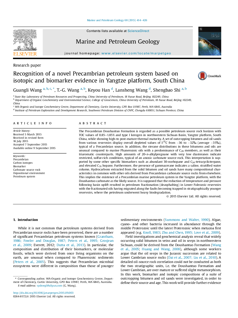 Research paperRecognition of a novel Precambrian petroleum system based on isotopic and biomarker evidence in Yangtze platform, South China