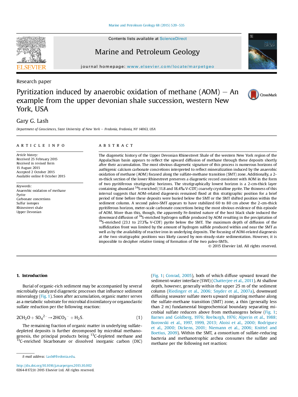 Research paperPyritization induced by anaerobic oxidation of methane (AOM) - An example from the upper devonian shale succession, western New York, USA