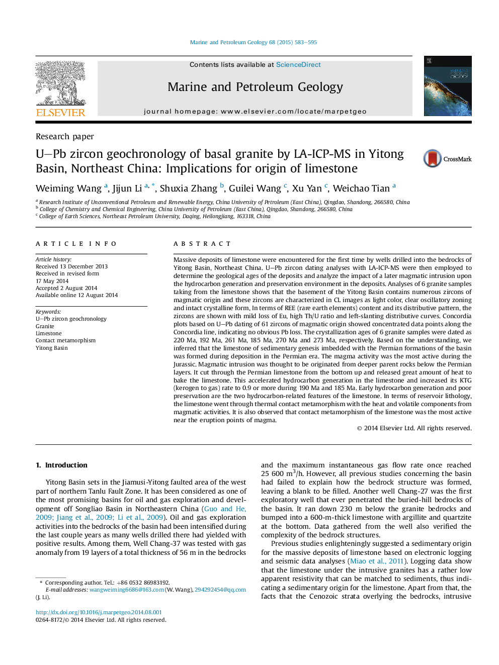 Research paperU-Pb zircon geochronology of basal granite by LA-ICP-MS in Yitong Basin, Northeast China: Implications for origin of limestone