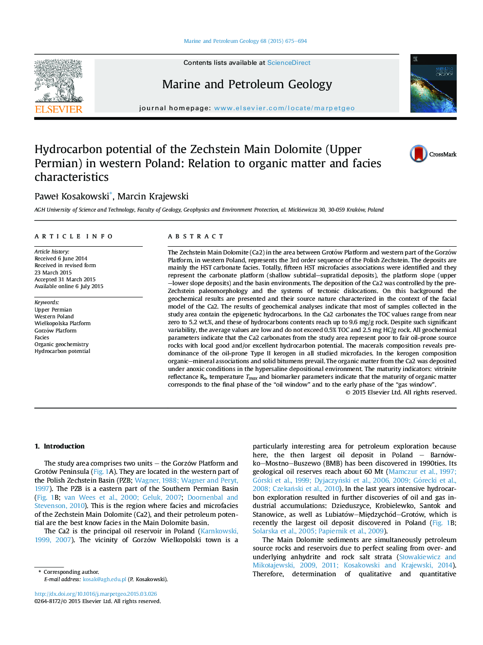 Hydrocarbon potential of the Zechstein Main Dolomite (Upper Permian) in western Poland: Relation to organic matter and facies characteristics