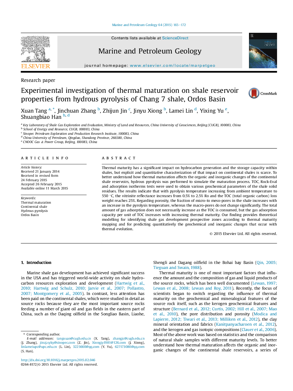 Research paperExperimental investigation of thermal maturation on shale reservoir properties from hydrous pyrolysis of Chang 7 shale, Ordos Basin