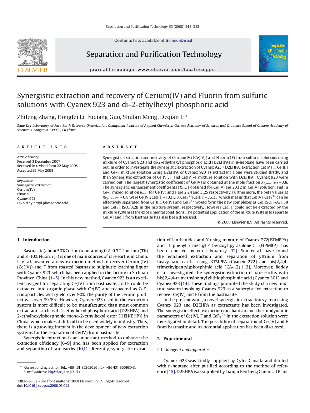 Synergistic extraction and recovery of Cerium(IV) and Fluorin from sulfuric solutions with Cyanex 923 and di-2-ethylhexyl phosphoric acid