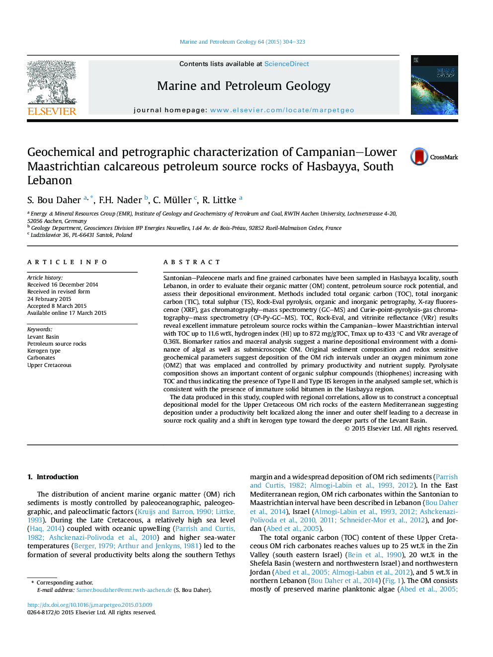 Geochemical and petrographic characterization of Campanian-Lower Maastrichtian calcareous petroleum source rocks of Hasbayya, South Lebanon