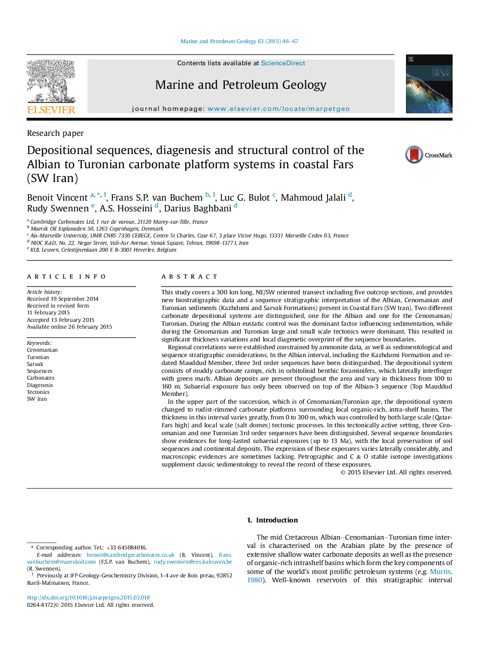 Research paperDepositional sequences, diagenesis and structural control of the Albian to Turonian carbonate platform systems in coastal Fars (SW Iran)