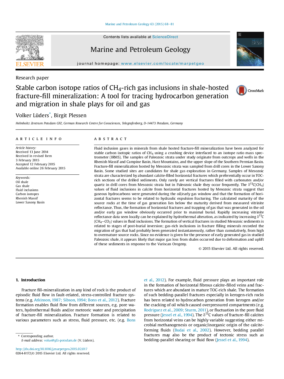 Research paperStable carbon isotope ratios of CH4-rich gas inclusions in shale-hosted fracture-fill mineralization: A tool for tracing hydrocarbon generation and migration in shale plays for oil and gas