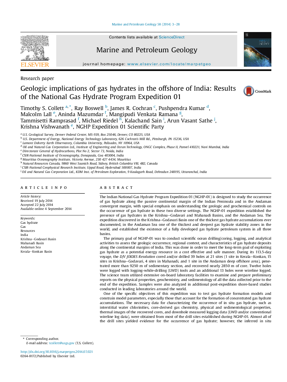 Research paperGeologic implications of gas hydrates in the offshore of India: Results of the National Gas Hydrate Program Expedition 01