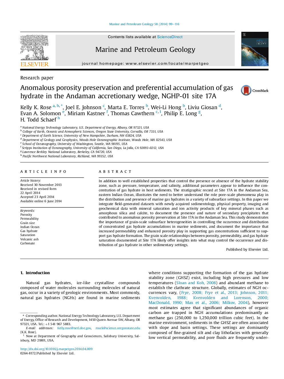 Research paperAnomalous porosity preservation and preferential accumulation of gas hydrate in the Andaman accretionary wedge, NGHP-01 site 17A