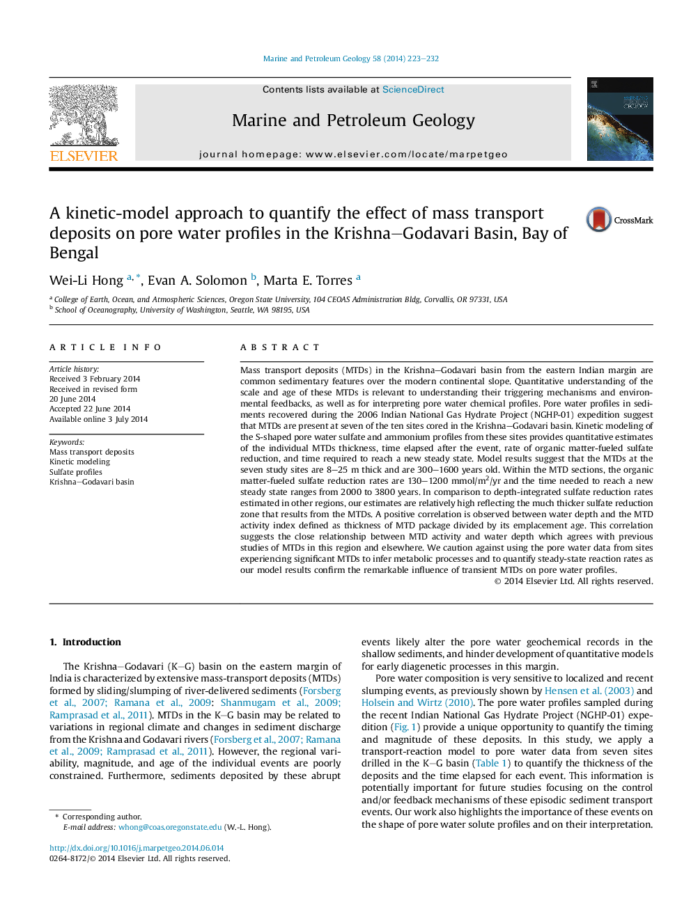 A kinetic-model approach to quantify the effect of mass transport deposits on pore water profiles in the Krishna-Godavari Basin, Bay of Bengal