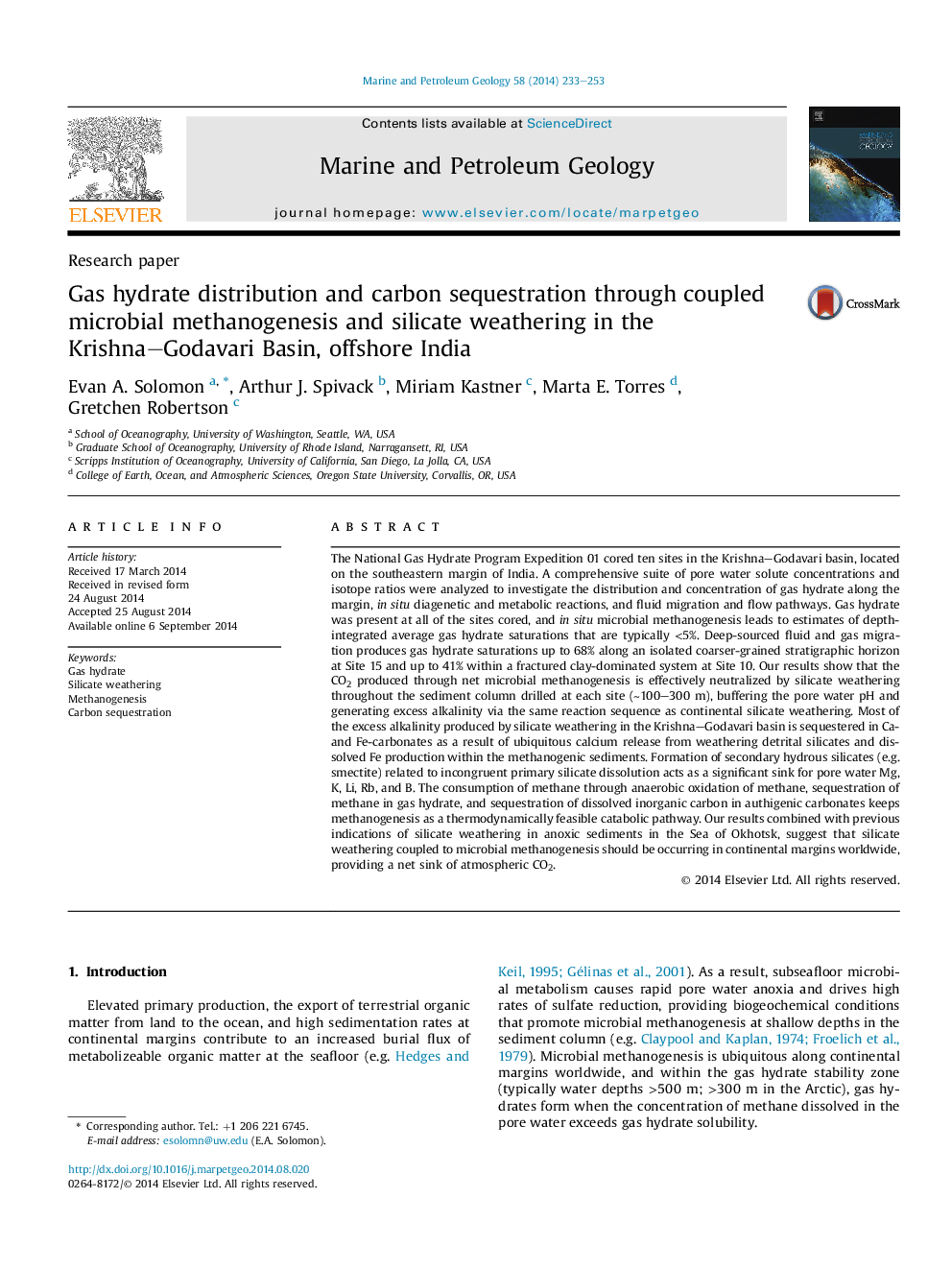 Research paperGas hydrate distribution and carbon sequestration through coupled microbial methanogenesis and silicate weathering in the Krishna-Godavari Basin, offshore India