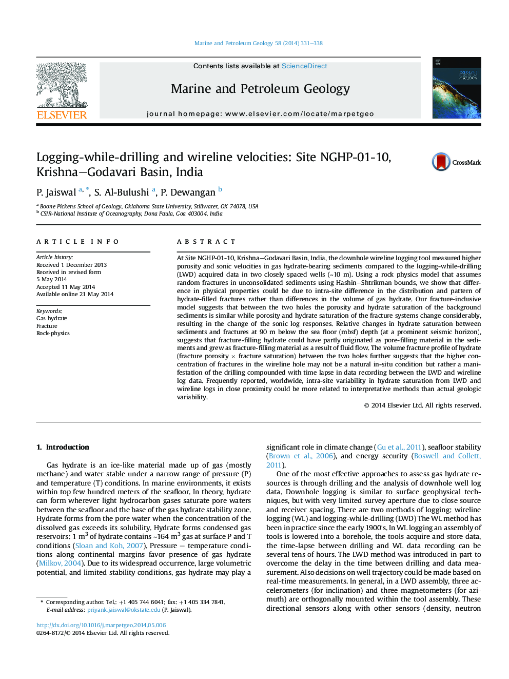 Logging-while-drilling and wireline velocities: Site NGHP-01-10, Krishna-Godavari Basin, India