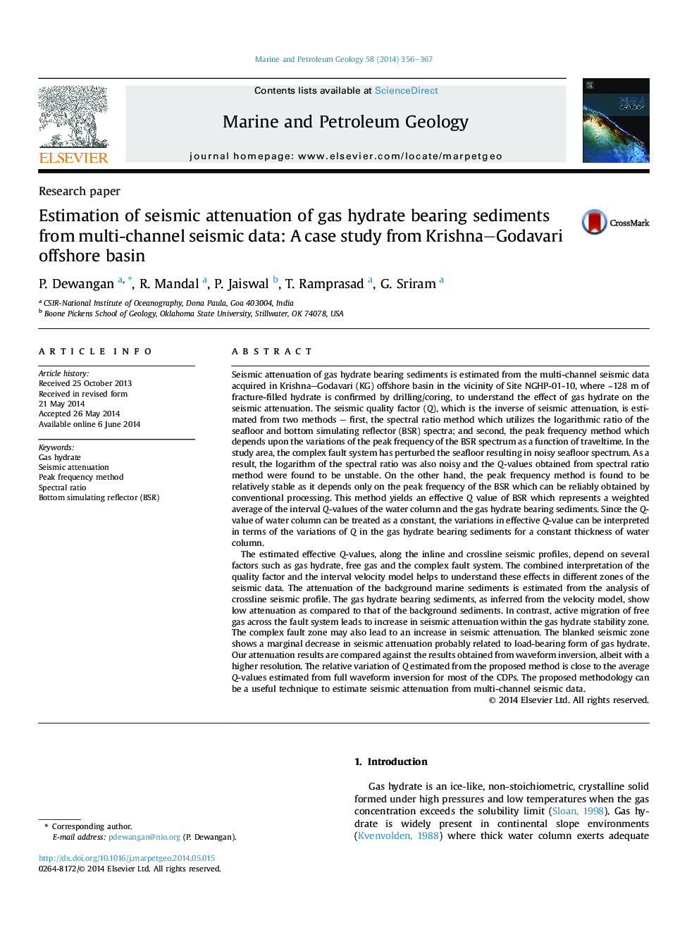 Research paperEstimation of seismic attenuation of gas hydrate bearing sediments from multi-channel seismic data: A case study from Krishna-Godavari offshore basin