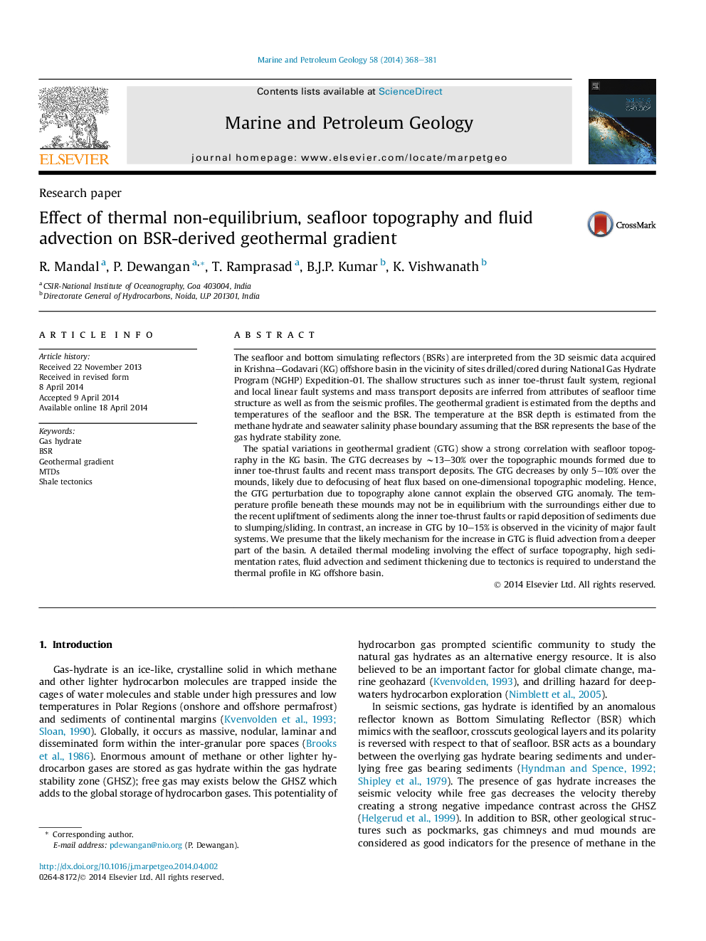 Research paperEffect of thermal non-equilibrium, seafloor topography and fluid advection on BSR-derived geothermal gradient