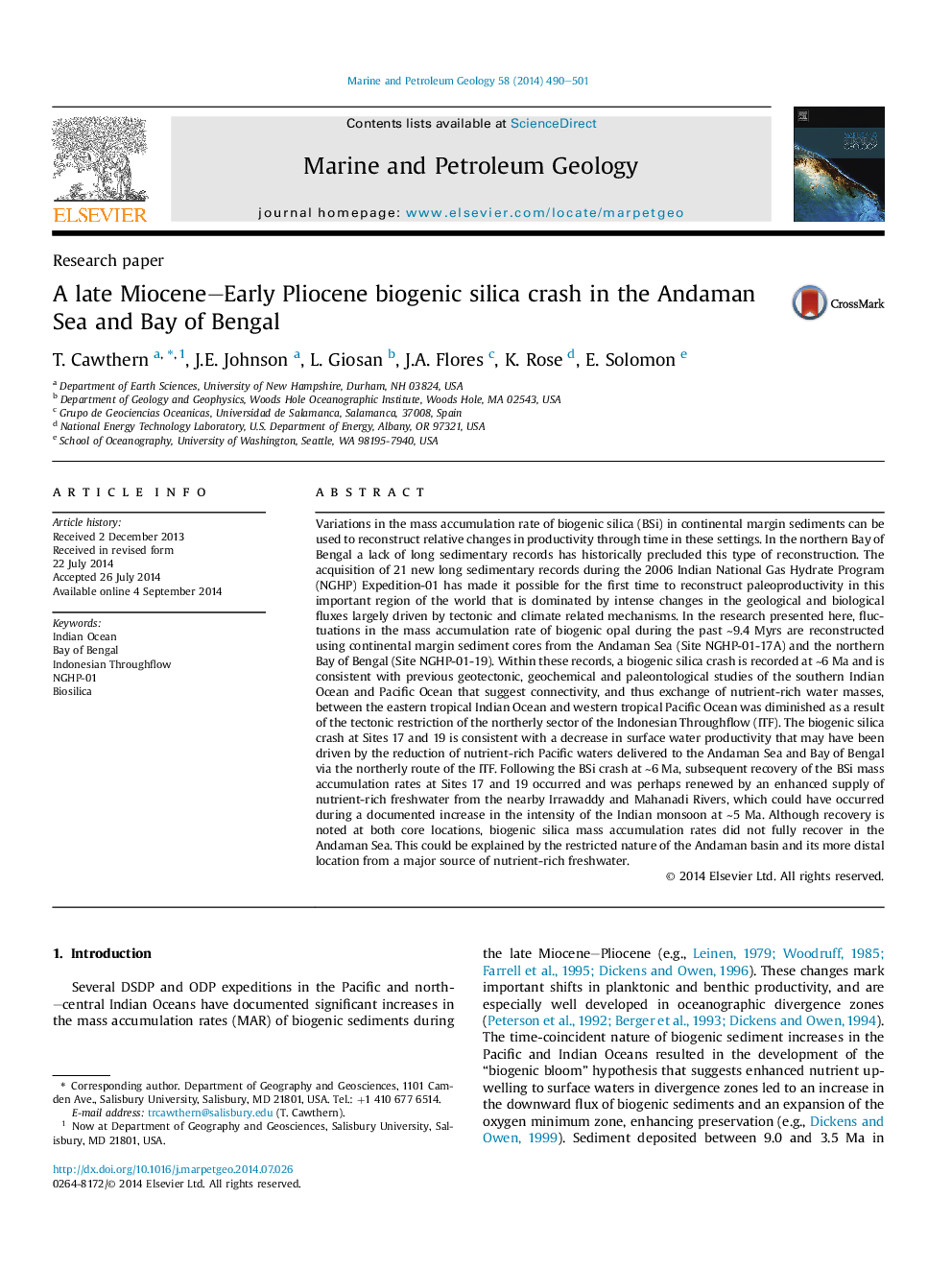 Research paperA late Miocene-Early Pliocene biogenic silica crash in the Andaman Sea and Bay of Bengal