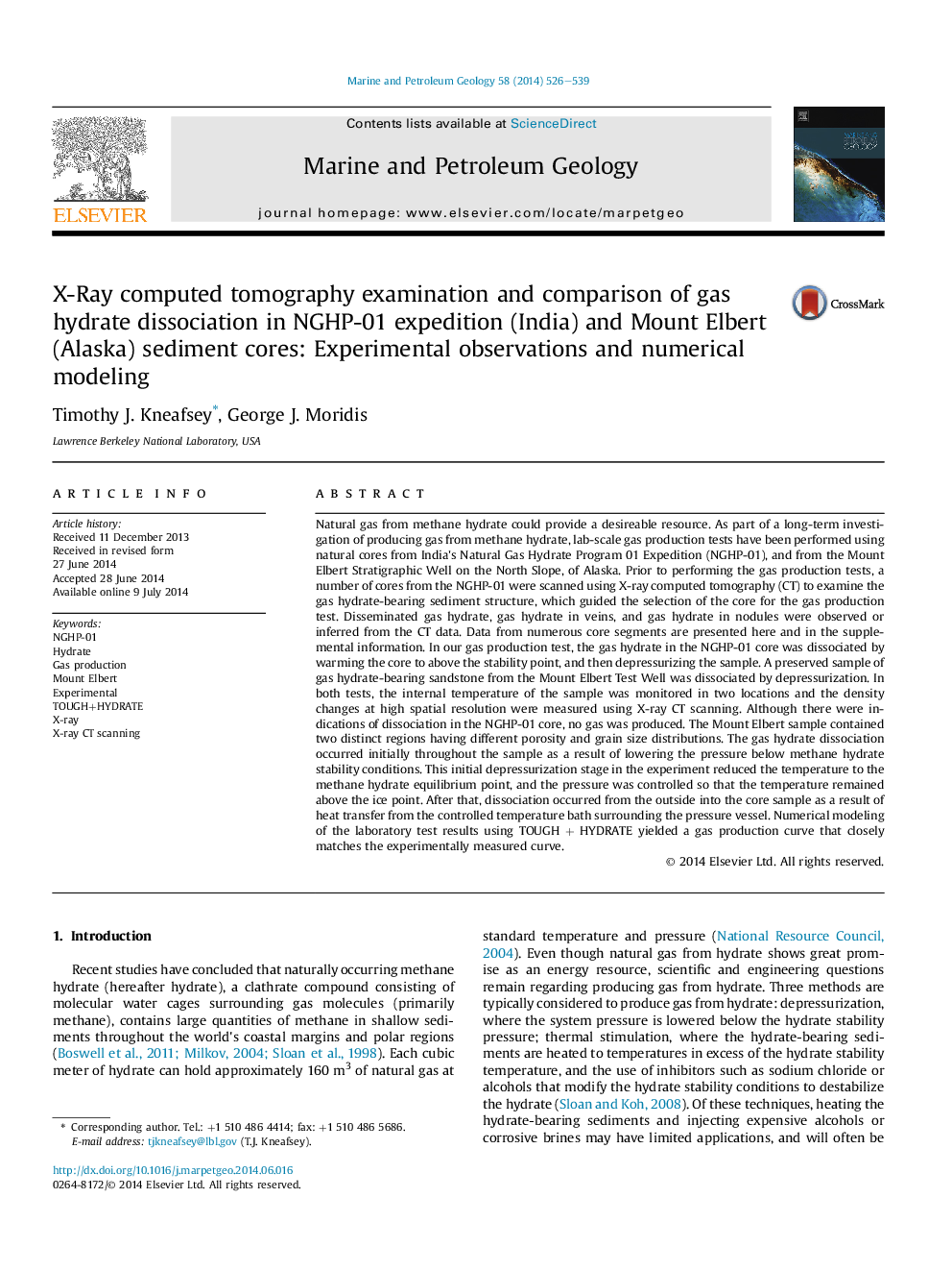 عکس صفحه اول مقاله: X-Ray computed tomography examination and comparison of gas hydrate dissociation in NGHP-01 expedition (India) and Mount Elbert (Alaska) sediment cores: Experimental observations and numerical modeling X-Ray computed tomography examination and comparison of gas hydrate dissociation in NGHP-01 expedition (India) and Mount Elbert (Alaska) sediment cores: Experimental observations and numerical modeling