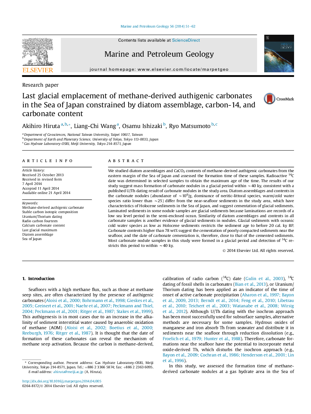 Research paperLast glacial emplacement of methane-derived authigenic carbonates in the Sea of Japan constrained by diatom assemblage, carbon-14, and carbonate content