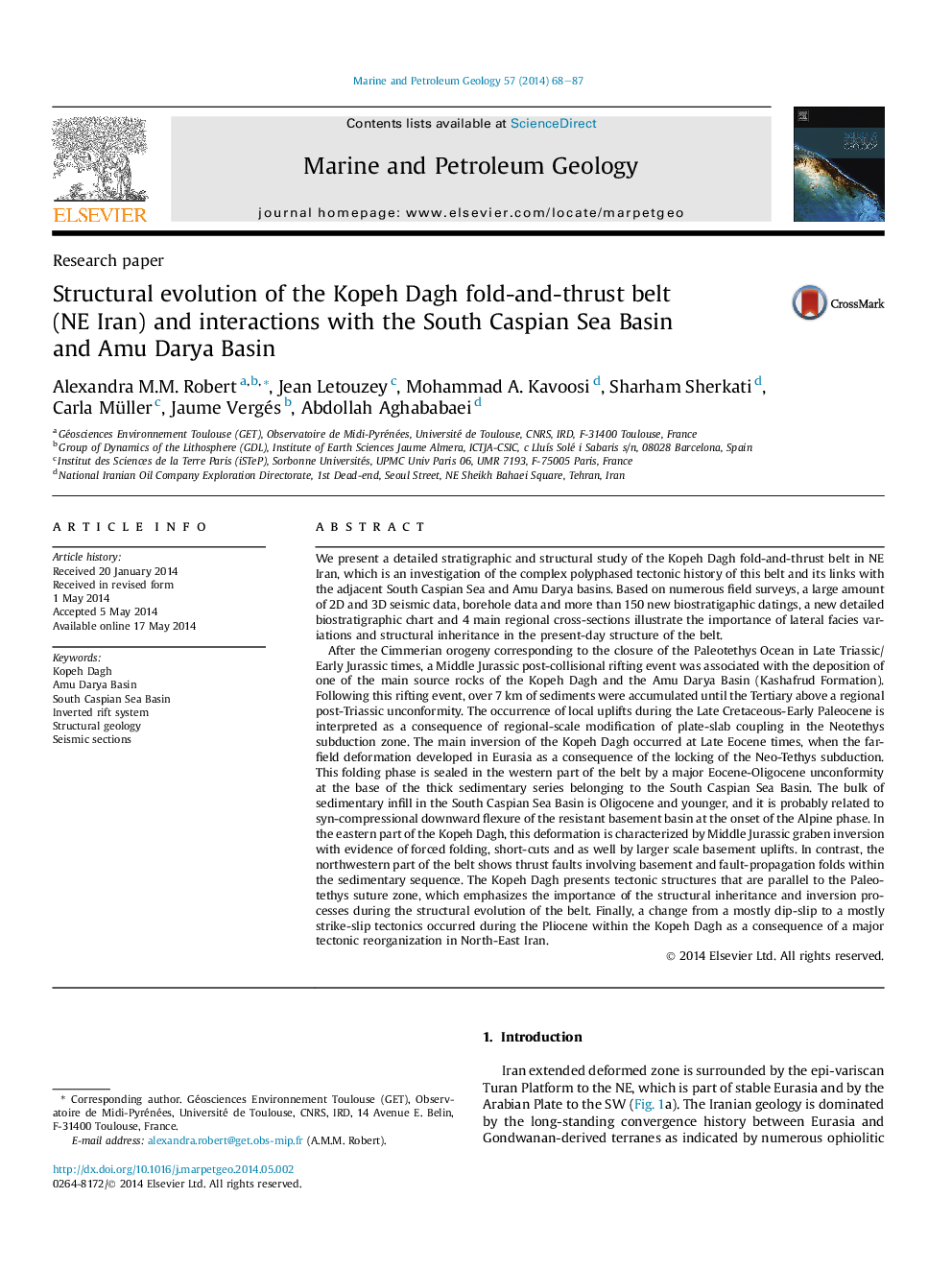 Research paperStructural evolution of the Kopeh Dagh fold-and-thrust belt (NE Iran) and interactions with the South Caspian Sea Basin and Amu Darya Basin