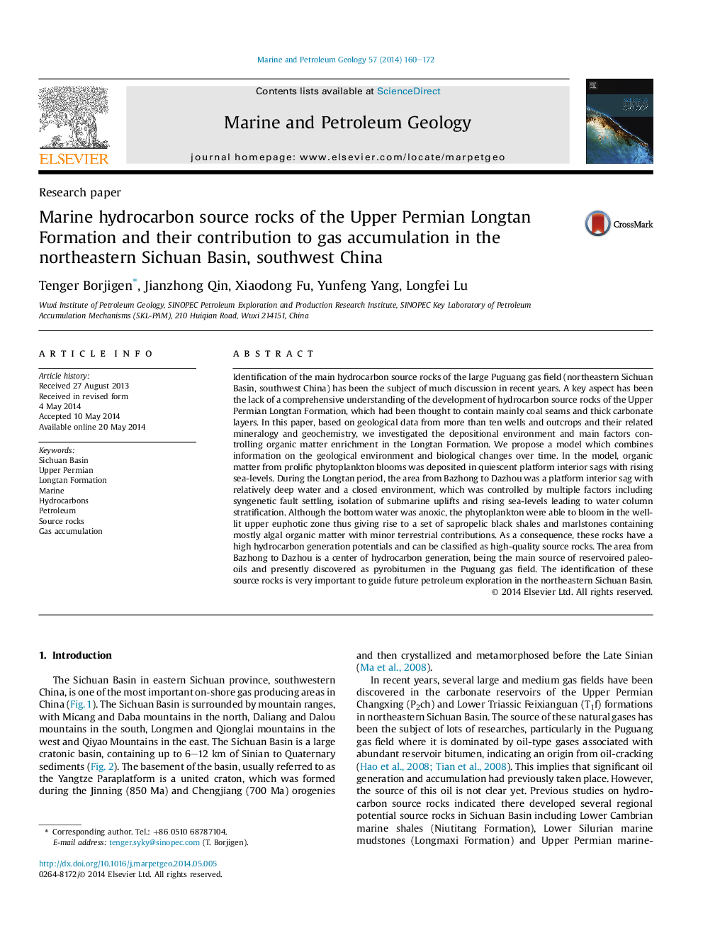 Research paperMarine hydrocarbon source rocks of the Upper Permian Longtan Formation and their contribution to gas accumulation in the northeastern Sichuan Basin, southwest China