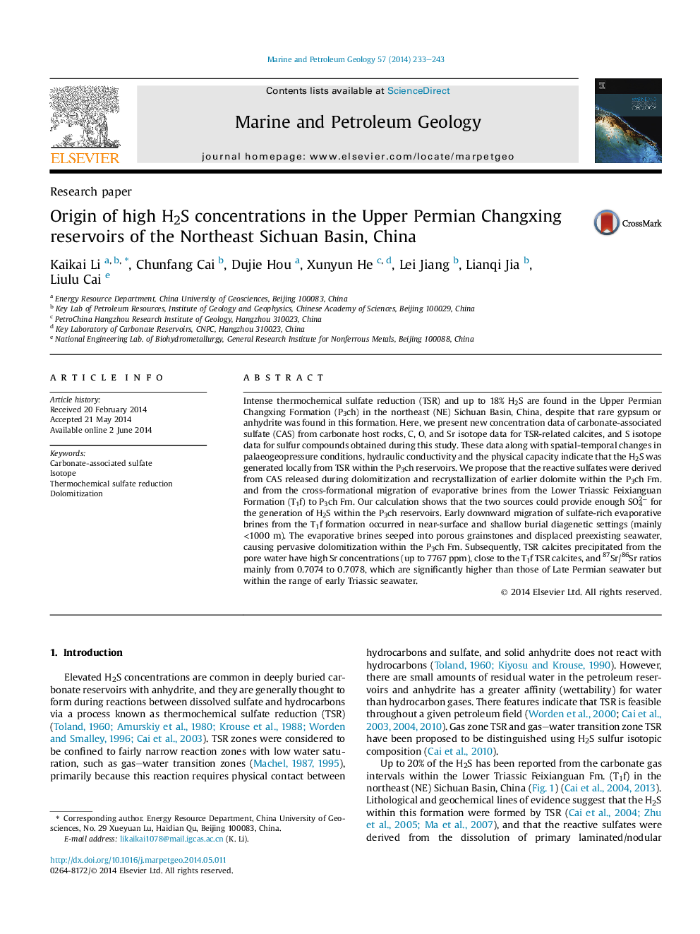 Origin of high H2S concentrations in the Upper Permian Changxing reservoirs of the Northeast Sichuan Basin, China