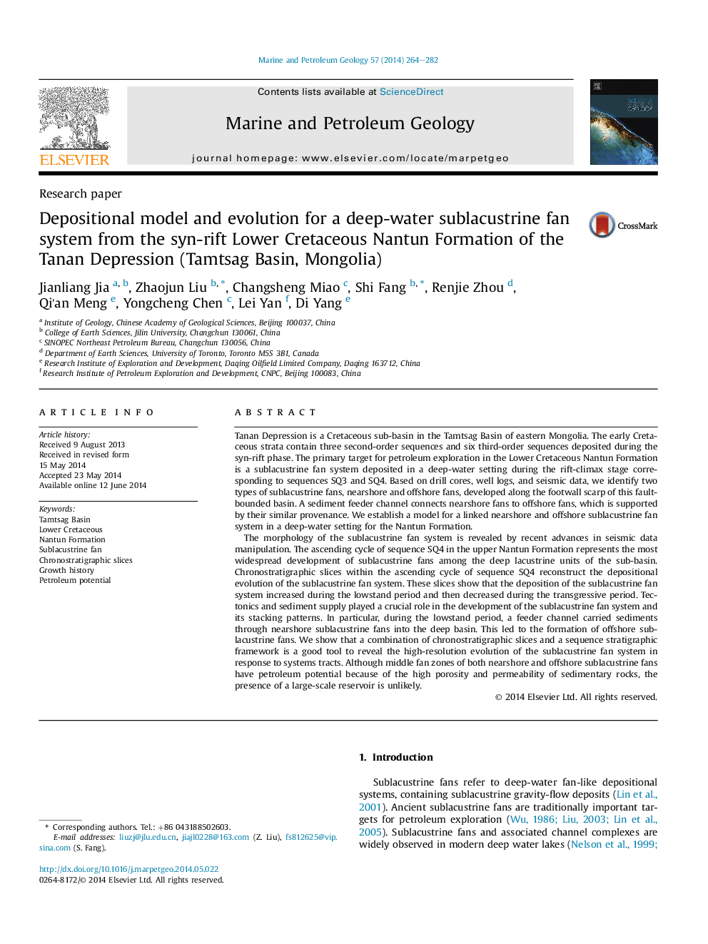 Research paperDepositional model and evolution for a deep-water sublacustrine fan system from the syn-rift Lower Cretaceous Nantun Formation of the Tanan Depression (Tamtsag Basin, Mongolia)