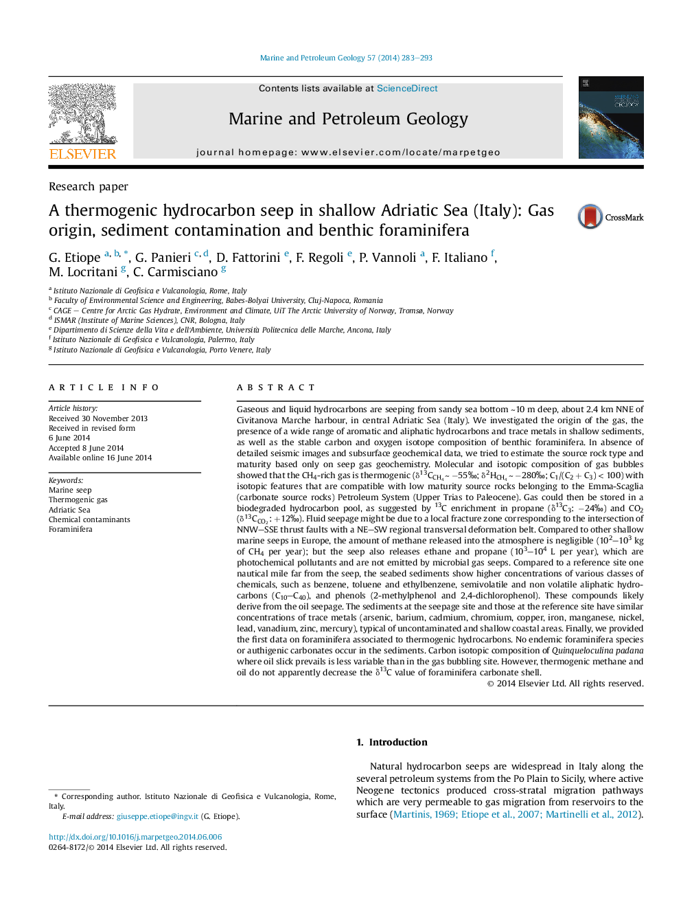 Research paperA thermogenic hydrocarbon seep in shallow Adriatic Sea (Italy): Gas origin, sediment contamination and benthic foraminifera